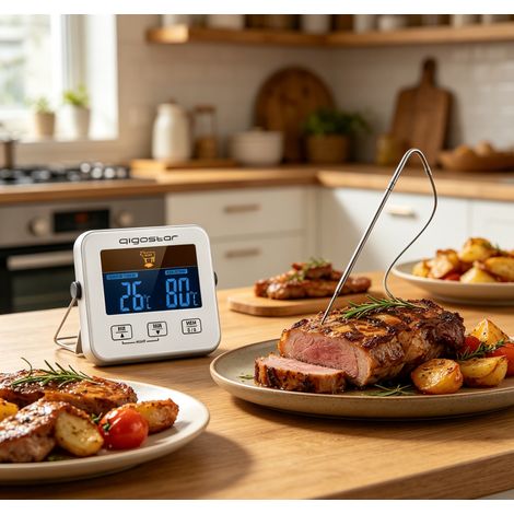 Thermomètre alimentaire numérique Aigostar avec sonde résistante à la chaleur, haute précision avec alarme et minuteur, idéal pour barbecue, four et cuisson maison, pratique et fiable au quotidien (1/4)