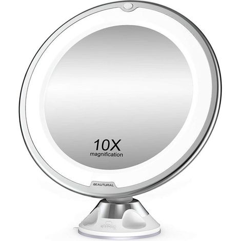 Grossissant Miroir Maquillage 10x avec Lumières LED 1 Joint à Bille d'attache Ajustable à 360° Miroir Cosmétique Portable, pour Salle de Bain, Voyage,de (1/4)