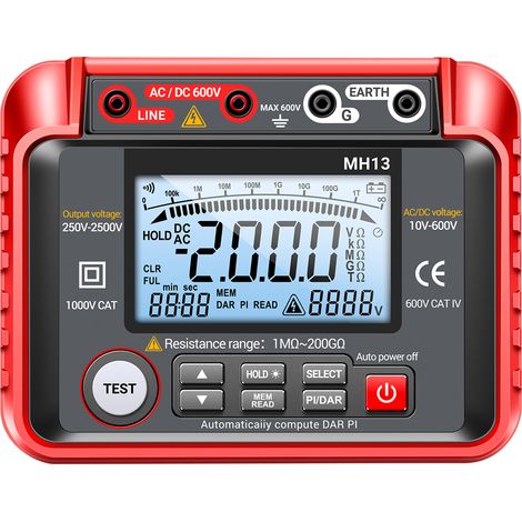 Testeur de résistance d'isolement 250 V-2 500 V, mégohmmètre 1 MΩ-200 GΩ, plage automatique, 2 000 points, écran LCD, voltmètre 10 V à 600 V CA/CC, stockage de 100 données (1/5)