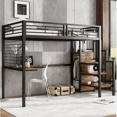 Cama alta juvenil con armario y mesa en negro y madera OKMYHOME (1/5)