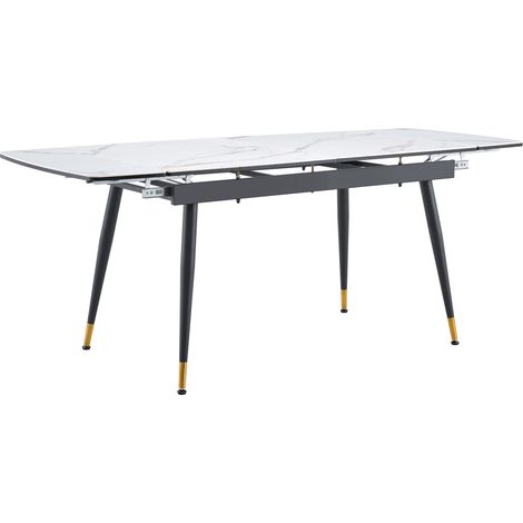 Table à manger extensible en céramique blanc marbré, pieds métal noir et accents dorés, 140 à 200 cm, plateau résistant, pour salle à manger  CHICFURN (1/5)