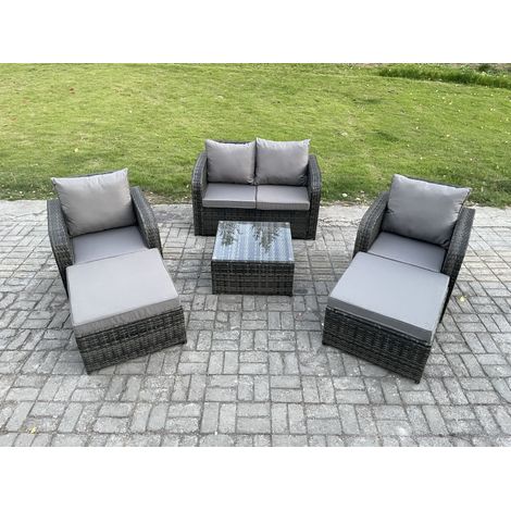 Fimous 6-Sitzer Hoher Rücken Polyrattan Gartenmöbel Set mit Quadratischer Couchtisch 2 hohen Hockern Love Sofa Liegestühle Garten Lounge Set Dunkelgrau Gemischt (1/5)