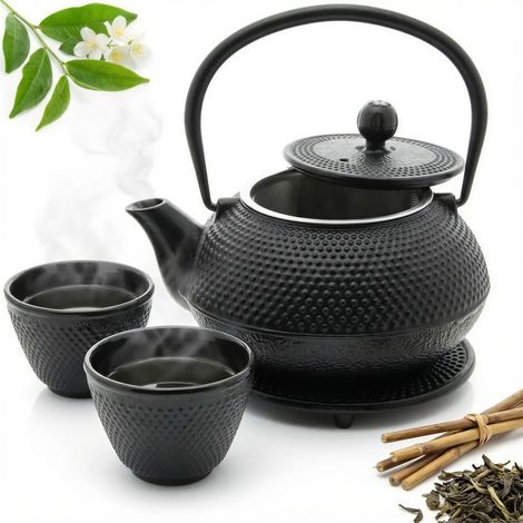 Gusseiserner Wasserkocher, 0,8 l, Teekannen-Set mit 2 Tassen und Ständer, schwarz (1/5)