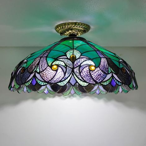 Plafonnier Tiffany de 40,6 cm, plafonnier Semi-encastré en vitrail, Lustre à Base en métal de Style Victorien pour Chambre à Coucher, Cuisine, Salle à Manger, Salon, Couloir, 1