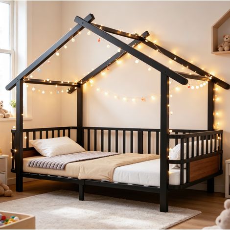 Letto per bambini 90x200 cm nero in metallo con struttura a casetta e sponde di sicurezza (1/5)