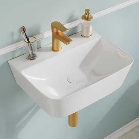 Petit Lavabo invité wc mural, Vasque rectangulaire en céramique, Blanc moderne, Installation murale ou sur plan, Sans trop-plein, Avec trou pour robinet, 41×32×12 cm (1/5)