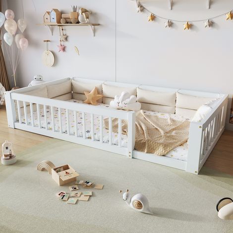 REDOM Cama infantil 90x200 cm con barandillas de seguridad y cojines, madera maciza y MDF, blanco (sin colchón) (1/5)