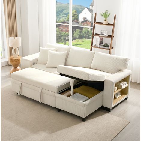 Divano letto angolare 231x131.5x84 cm beige in velluto a coste con contenitore, USB e Type-C (1/5)