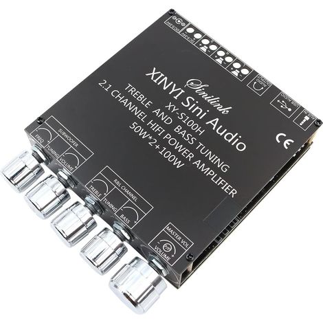Carte d'amplificateur de Caisson de Basses Bluetooth HiFi Stéréo 2.1 avec régulation des aigus et des Basses 50WX2 + 100W DC 12V-24V Audio Power (1/5)
