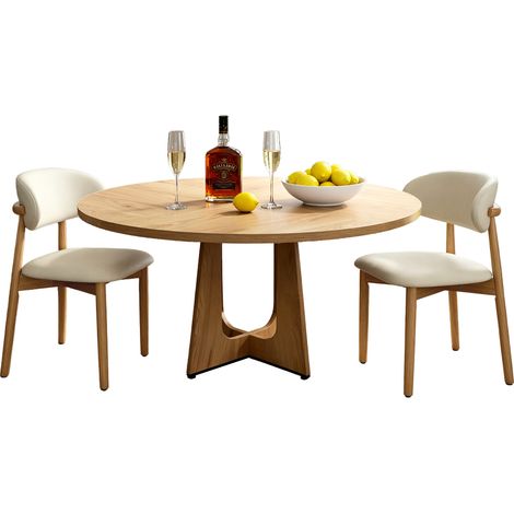 CHICFURN Set de 1 mesa de comedor redonda y 2 sillas de comedor, mesa MDF Ø120 cm para 4-6 personas, sillas acolchadas con patas de madera clara, pies ajustables (1/5)