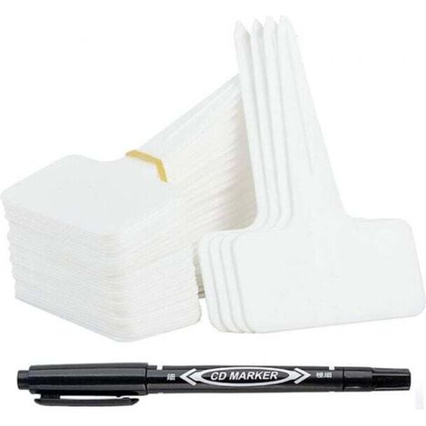 100 Pieces Outdoor Garden Labels, T-Type Plastic Plant Markers, Vegetable Garden Labels with Waterproof Pen, Reusable Labeling and Plant Accessories (White) (1/4)