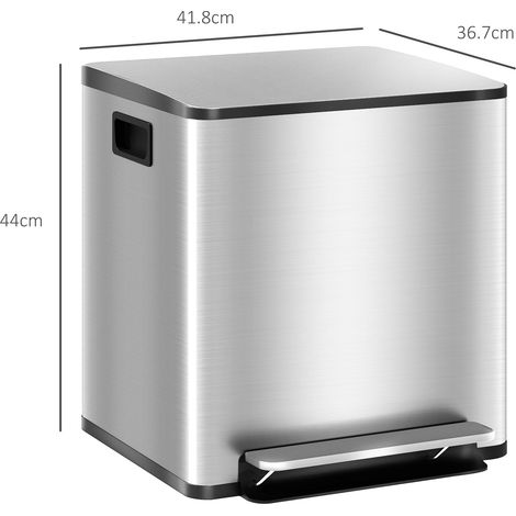 Poubelle à pédale 2 compartiments 15 L avec couvercle silencieux, acier inoxydable et PP, 41,8 x 36,7 x 44 cm (1/5)