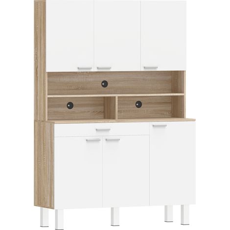 Aparador alto de cocina 120x40x175 cm con 6 puertas, 1 cajón y estantes, blanco y madera (1/5)
