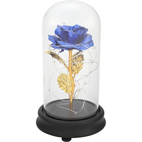 Rose LED Lumineuse Plaquée Or 24K avec Base en Verre, Fleur Bleu Cadeau Saint-Valentin Mariage (1/5)