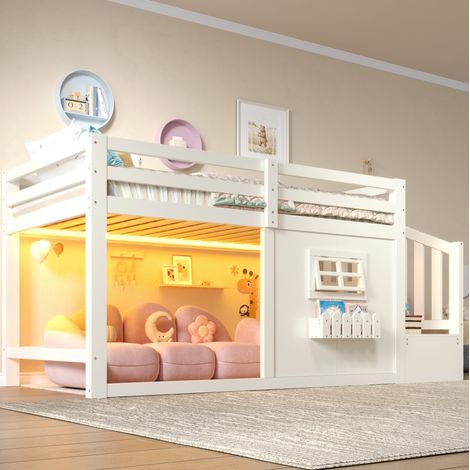 Letto a soppalco 253x95x128 cm, con finestra, scala contenitore, LED, legno di pino e MDF, bianco (1/5)