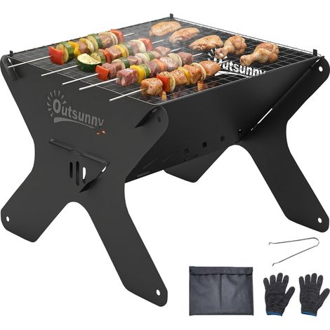 Outsunny 2-In-1 Portable BBQ Grill and Camping Fire Pit with Gloves
