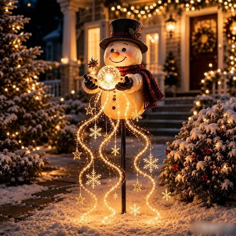 Irovami Fontaine lumineuse bonhomme de neige - Décoration de jardin de Noël à énergie solaire avec lumières LED flocons de neige flottants pour allée de jardin, porche, décoration de fêtes (1/5)