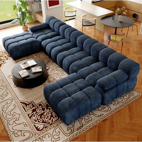 U-förmiges Ecksofa 400 x 200 x 68 cm aus blauem Chenille, montagefrei – MEUBLIV (1/5)