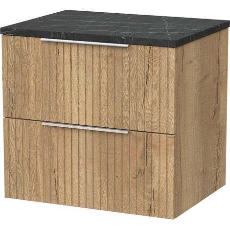 Callingwood Contemporary Wall Hung 2 Drawer Vanity Unit with Black Pietra Marble Laminate Worktop , 600mm, Autumn Oak