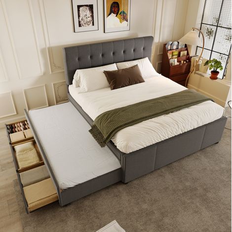 Cama doble 140x200 cm de lino gris con almacenaje y cama nido, FloraGrace (1/5)