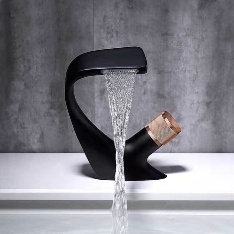 Robinet Cascade pour Lavabo à Dessus en Laiton Massif, Noir et Rose Or – Robinet Salle de Bain à Débit Cascade (sans tube d'alimentation) (1/5)