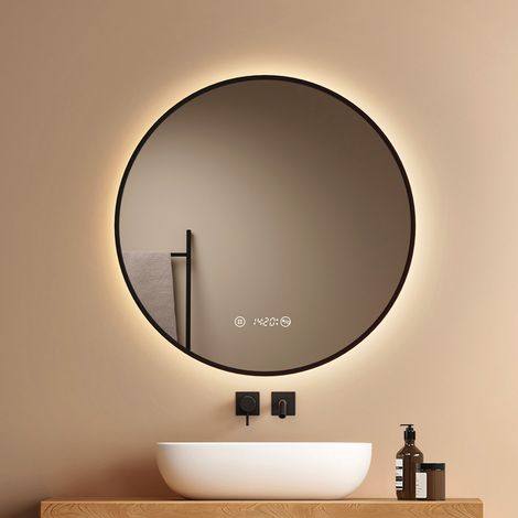 EMKE Miroir rond LED 70 cm pour salle de bain avec cadre noir, éclairage neutre dimmable, fonction anti-buée, écran avec horloge et température, commande tactile avec mémoire (1/5)
