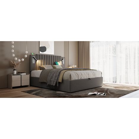 Cama abatible 160x200cm con cajón de almacenamiento, luz de lectura USB y diseño vintage de botones (1/5)
