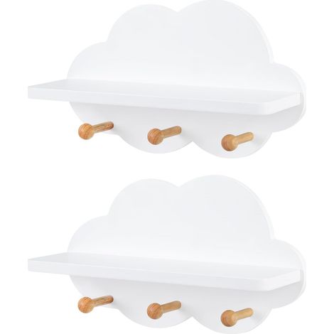WOLTU 2x Estante Flotante Nube 36x20.5x12 cm Estanteria Pared para Niños Estante de Pared con Ganchos Decoración de Nube MDF E1 Blanco (1/5)