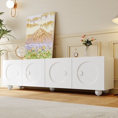 Modernluxe – Meuble TV moderne 180,5 x 38 x 50 cm – 4 portes – Pieds sphériques – MDF et panneaux de particules – Blanc – Grande capacité de charge (1/5)