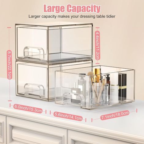 Juego de 4 organizadores de cajones acrílicos apilables con 32 alfombrillas antideslizantes para baño, cocina, lavabo, tocador y almacenamiento de cosméticos. (1/4)