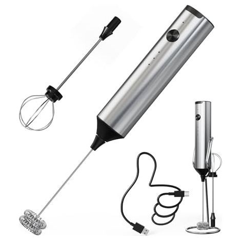 Mousseur à Lait avec 3 Vitesses, Mini Mélangeur Rechargeable avec 2 Fouets en Acier Inoxydable pour Matcha, Chocolat Chaud, Cappuccino et œufs (1/5)