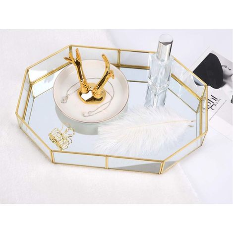 Plateau en métal et verre miroir doré - Forme polygone, pour bijoux, parfum, maquillage, coiffeuse, commode, salle de bain, chambre à coucher (S) (1/5)