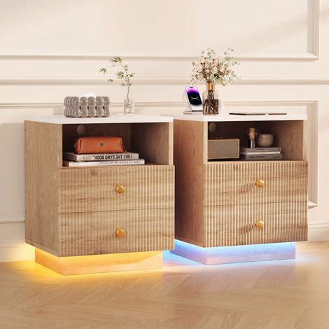 Table de Chevet Lot de 2,Table de Nuit en bois avec 2 Tiroirs,Éclairage LED,Petite Tables d'appoint moderne rainurée avec station de charge,Compartiment Ouvert,44x38x55cm,Couleur bois naturel (1/5)
