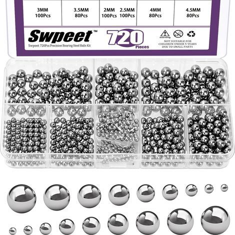 720 piezas, 9 tamaños: 2 mm, 2,5 mm, 3 mm, 3,5 mm, 4 mm, 4,5 mm, 5 mm, 5,5 mm, 6 mm. Kit surtido de bolas de rodamiento de acero de precisión métricas. Bolas de rodamiento para bicicleta surtidas. (1/5)