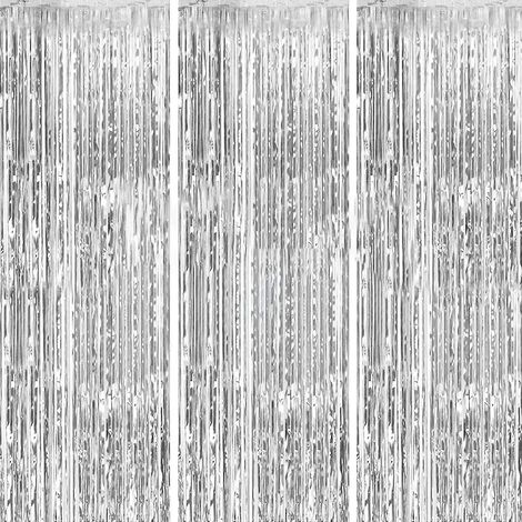 Lot de 3 rideaux à franges en feuille métallique argentée (97,5 cm x 2 m) pour photomaton, accessoires pour anniversaire, mariage, fiançailles, enterrement de vie de jeune fille, baby shower ou enterr (1/3)