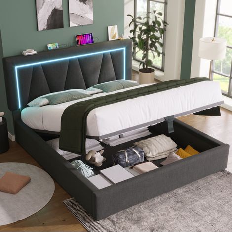 lit adulte rangement led 140 200 lin gris usb type c HAVRYA (1/5)