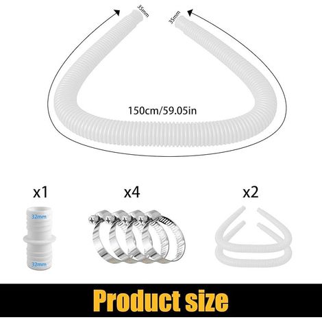 Lot de 2 tuyaux de piscine de 32 mm pour pompes de piscine avec 4 clips de sécurité et 1 raccord de tuyau, tuyau de piscine de 150 cm et 32 mm, pour pompe à filtre et piscine (1/5)