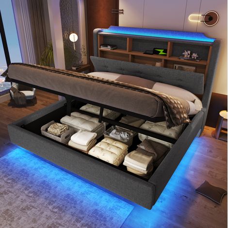 letto contenitore 140x200 idraulico LED USB grigio OKMYHOME (1/5)