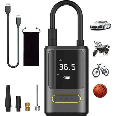 Gonfleur de pneu électrique portable sans fil, pompe à air durable 150 psi, double écran LCD parfait pour les pneus de voiture et de moto, ballons, vélos, camping, batterie externe et chargeur, lampe (1/4)