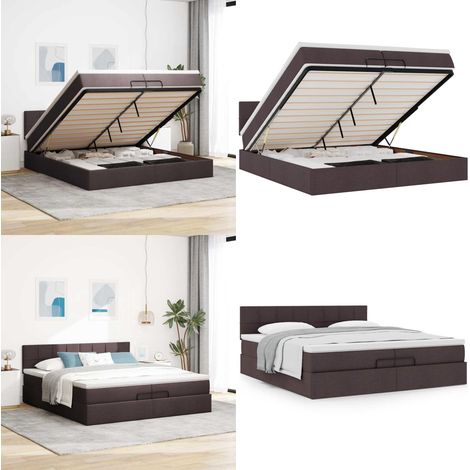 Cadre de lit ottoman avec matelas marron foncé 200x200 cm tissu - Matelas à ressorts ensachés - Rangement sous le lit (1/5)