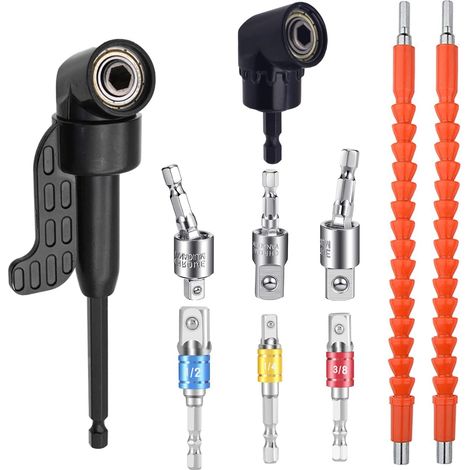 10 Pcs Foret à Angle Droit d'extension Kit, Tige D'extension à Tige Hexagonale 1/4, Perceuse 105° Renvoi d'Angle Visseuse, Adaptateur de Fixation de Perceuse à Angle Droit (1/5)