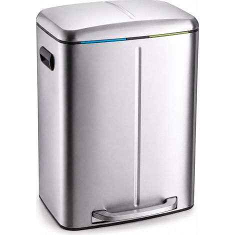 Relaxdays Poubelle, 2 compartiments, 2 x 20 l, seaux intérieurs amovibles, fermeture douce, pédale, inox, argentée (1/5)
