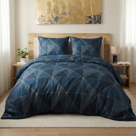 Parure housse de couette 260x240cm + 2 taies motif géométrique bleu 100% microfibre - KAMEL (1/4)