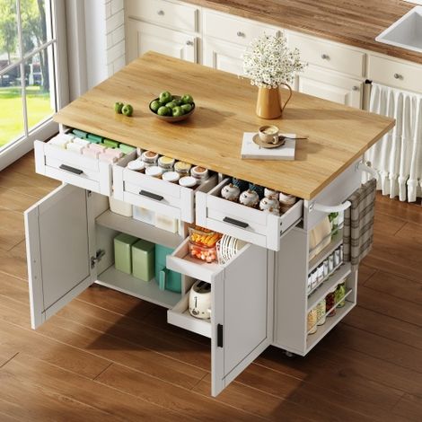 Isola cucina mobile con piano di lavoro ribaltabile, carrello da cucina, mobile contenitore, mobile per pattumiera, credenza con organizer estraibile, cassetto, prese e rotelle, 120 × 45 (70) × 84 cm (1/5)