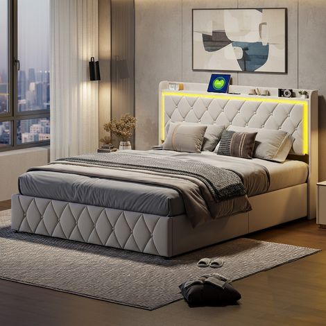 Lit coffre 140x200 cm avec LED et prise USB, lit double capitonné avec rangement hydraulique et sommier à lattes, pour adultes et adolescents,velours, beige (1/5)
