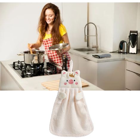 Serviette à mains mignonne en forme de cochon, à suspendre, absorbante, torchon de cuisine, lavette pour les paresseux, couleur unie, serviette à mains pour enfants, beige. (1/5)
