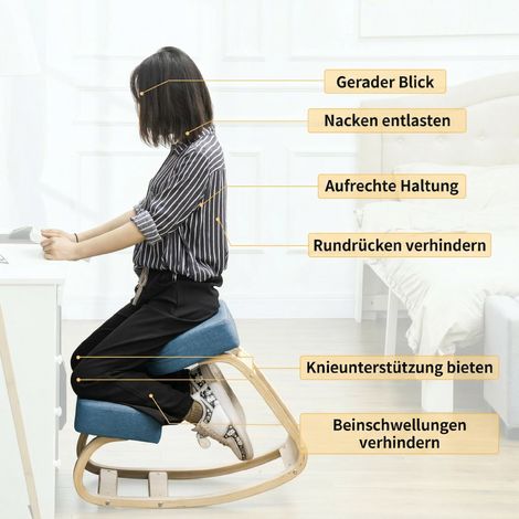 Tabouret à genoux, repose-pieds ergonomique, pouf rembourré pour posture saine, bois de bouleau, charge max 120 kg, bleu (1/4)
