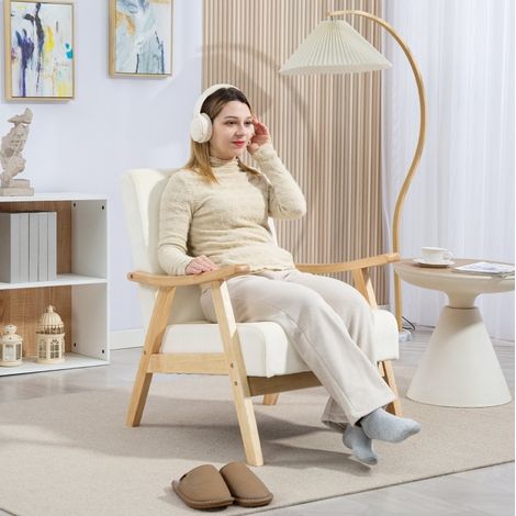 Poltrona 65x80x83 cm bianco crema in poliestere con braccioli curvi e struttura in legno (1/5)