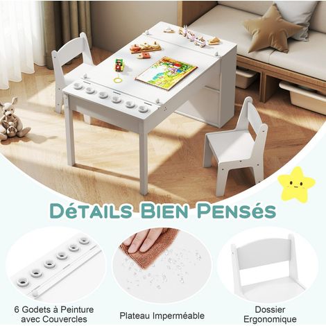 Table enfant blanche 2-en-1 avec 2 chaises, plateau réglable, chevalet, rouleau papier et rangements pour chambre et salle de jeux (1/5)