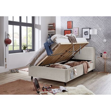 Meise Möbel Stauraumbett Cosy 140x200 cm Doppelbett Bettkasten & Lattenrost (Federholzrahmen) USB Strukturstoff Beige Holzfuß schwarz (1/5)